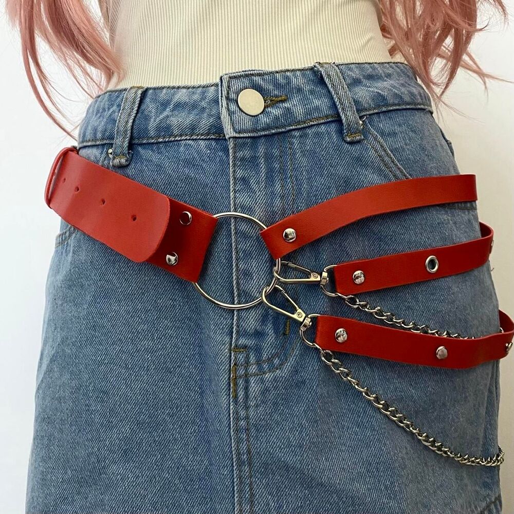 Rust Red Y2K Punk Multi-Strap O-Ring Chain Belt, Fits 34 to 40 Inches, X7GA1487